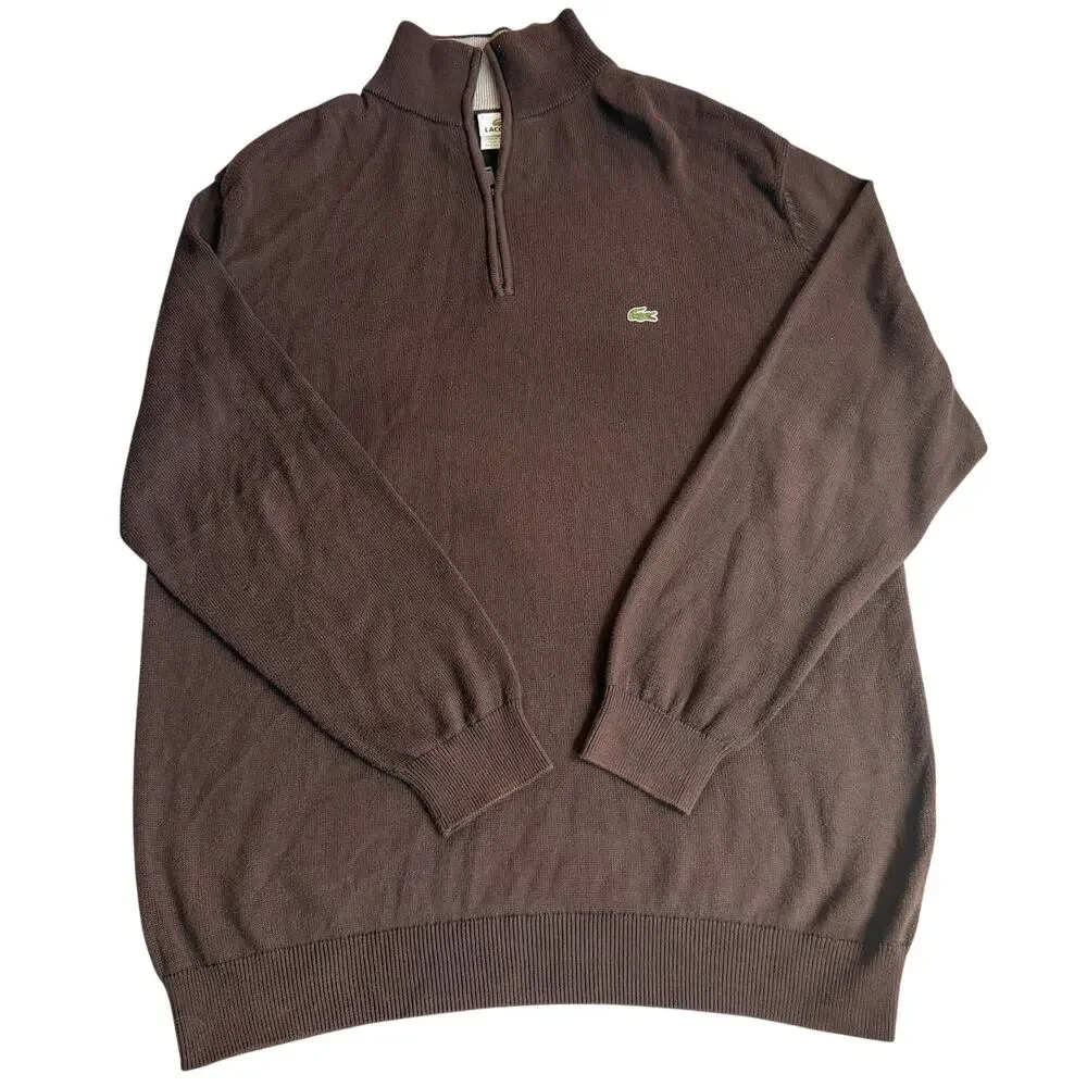 Lacoste Brown Quarter Zip Sweater Men's Size 7 XXL 100% Cotton Pullover